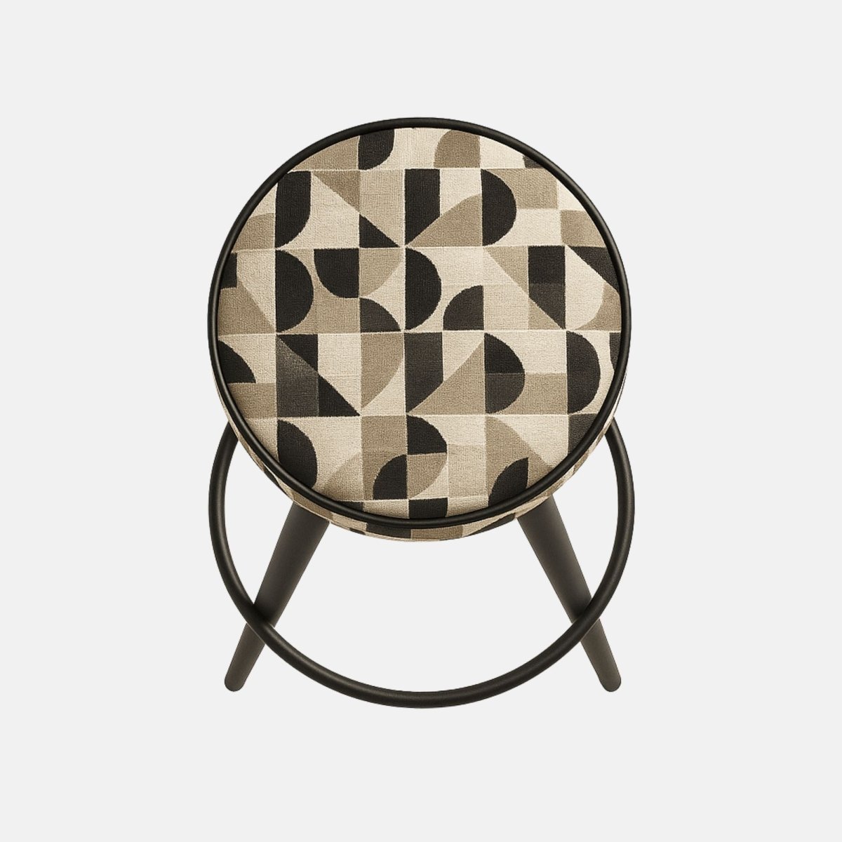 Modern bar stool with a round cushioned seat in a geometric beige and black fabric, supported by black tapered legs connected with a circular footrest.