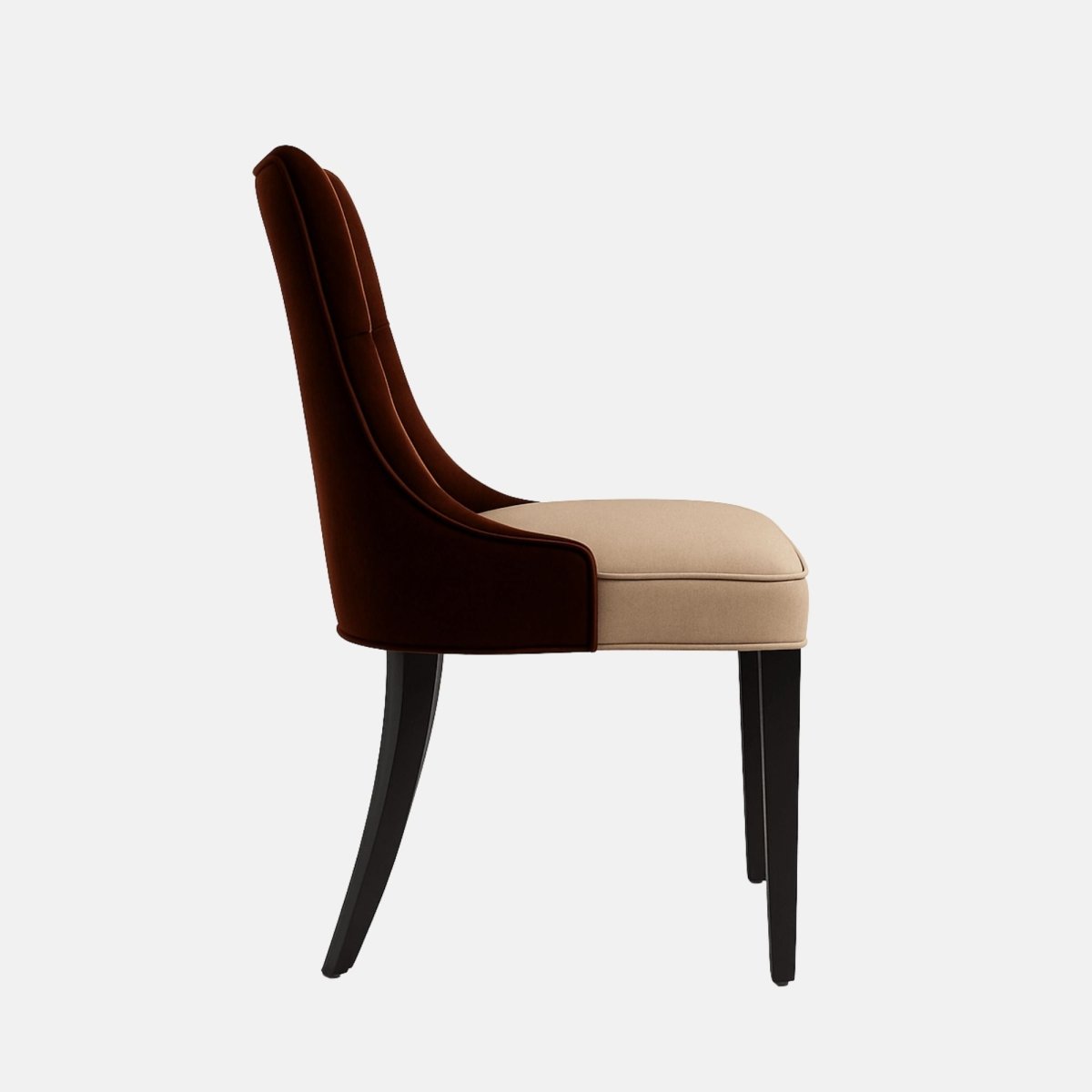 Elegant dining chair with a dark brown tufted high backrest, beige cushioned seat, and black wooden legs.