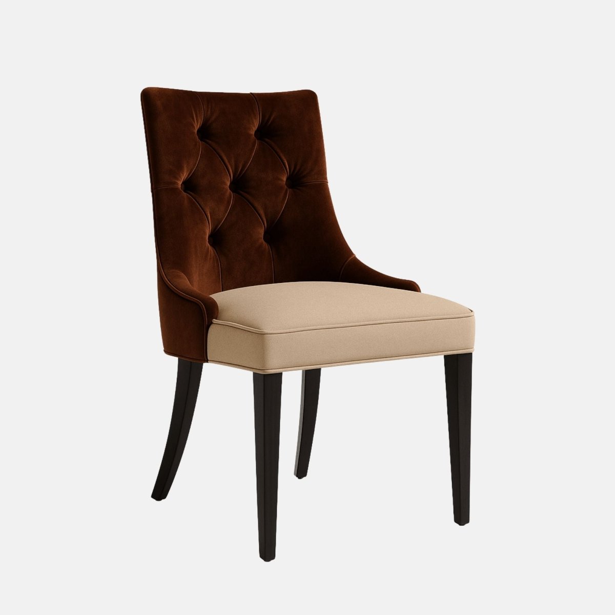 Elegant dining chair with a dark brown tufted high backrest, beige cushioned seat, and black wooden legs.