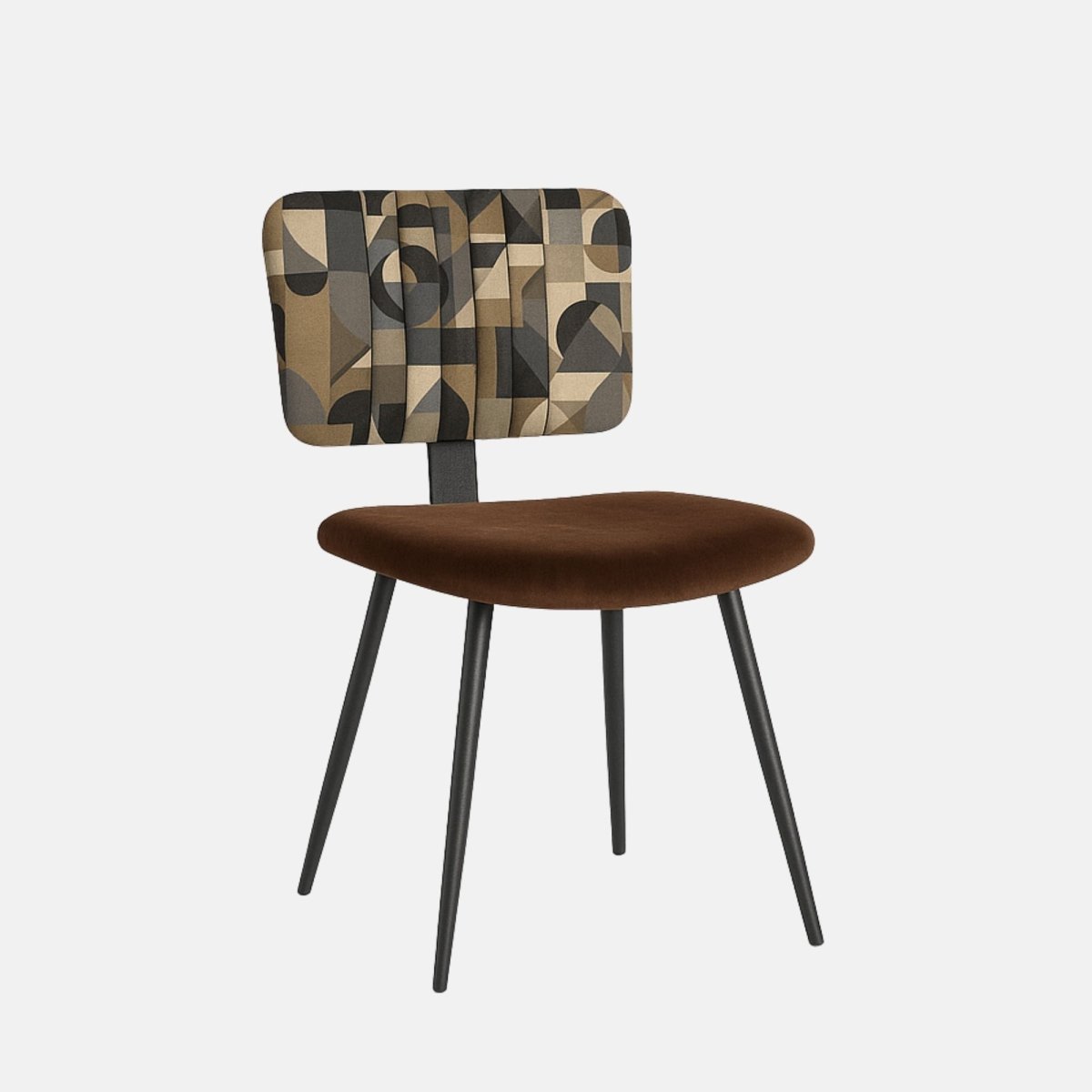 Modern dining chair with black tapered metal legs, a brown velvet seat, and a geometric-patterned upholstered backrest in neutral earth tones.
