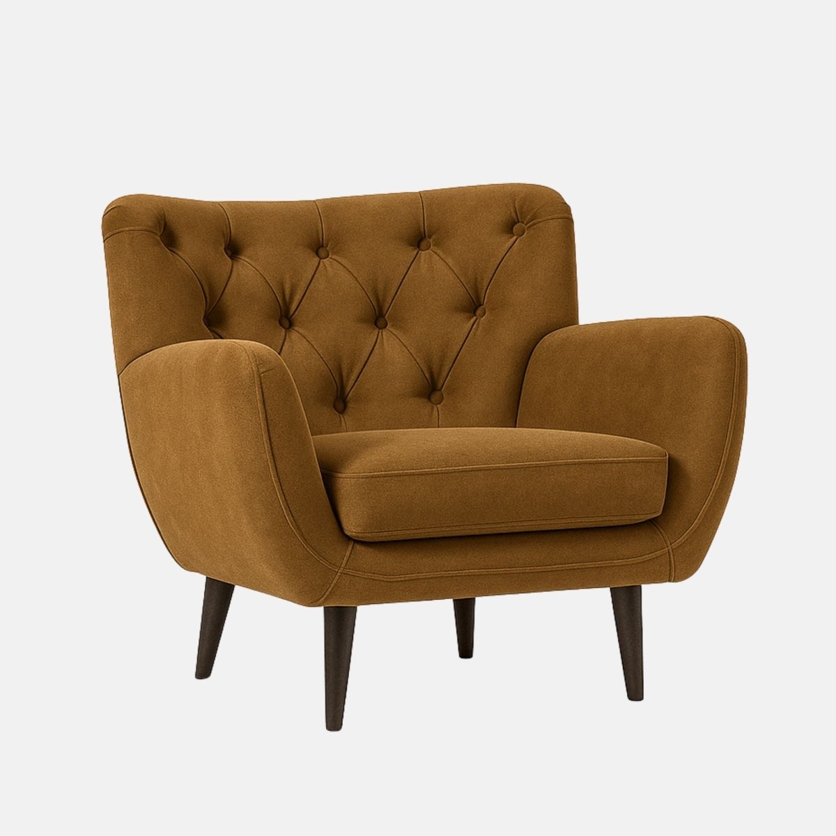 Mid-century modern armchair with mustard yellow tufted upholstery, rounded arms, cushioned seat, and tapered dark wooden legs.