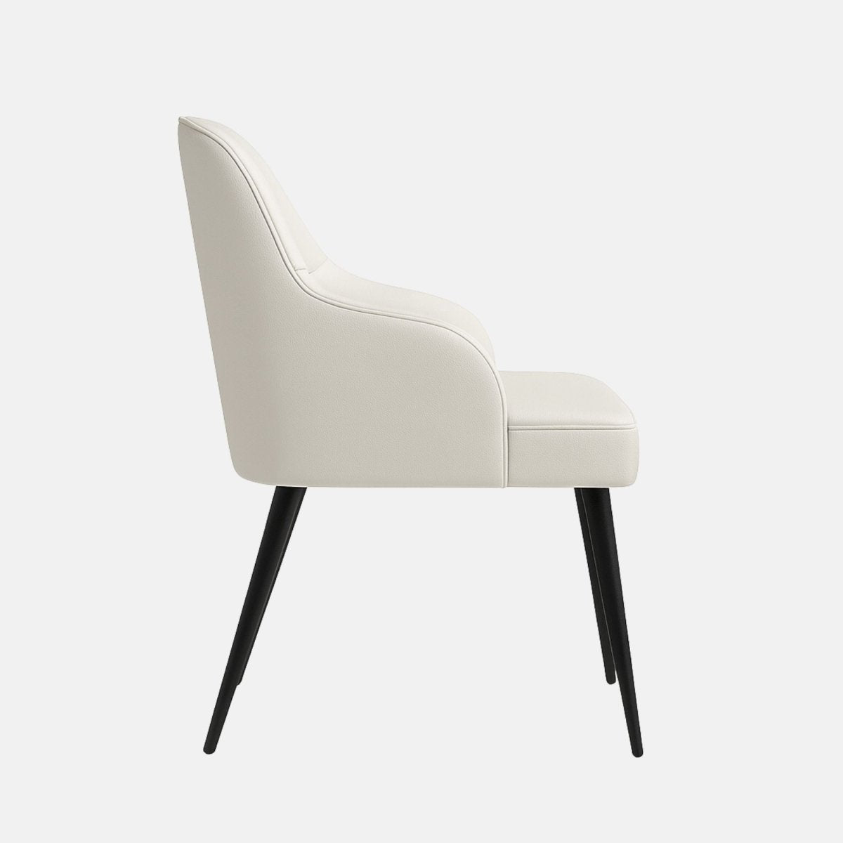 Modern dining chair with pearl white upholstered backrest and seat, subtle ruched detailing, integrated armrests, and slim tapered black legs
