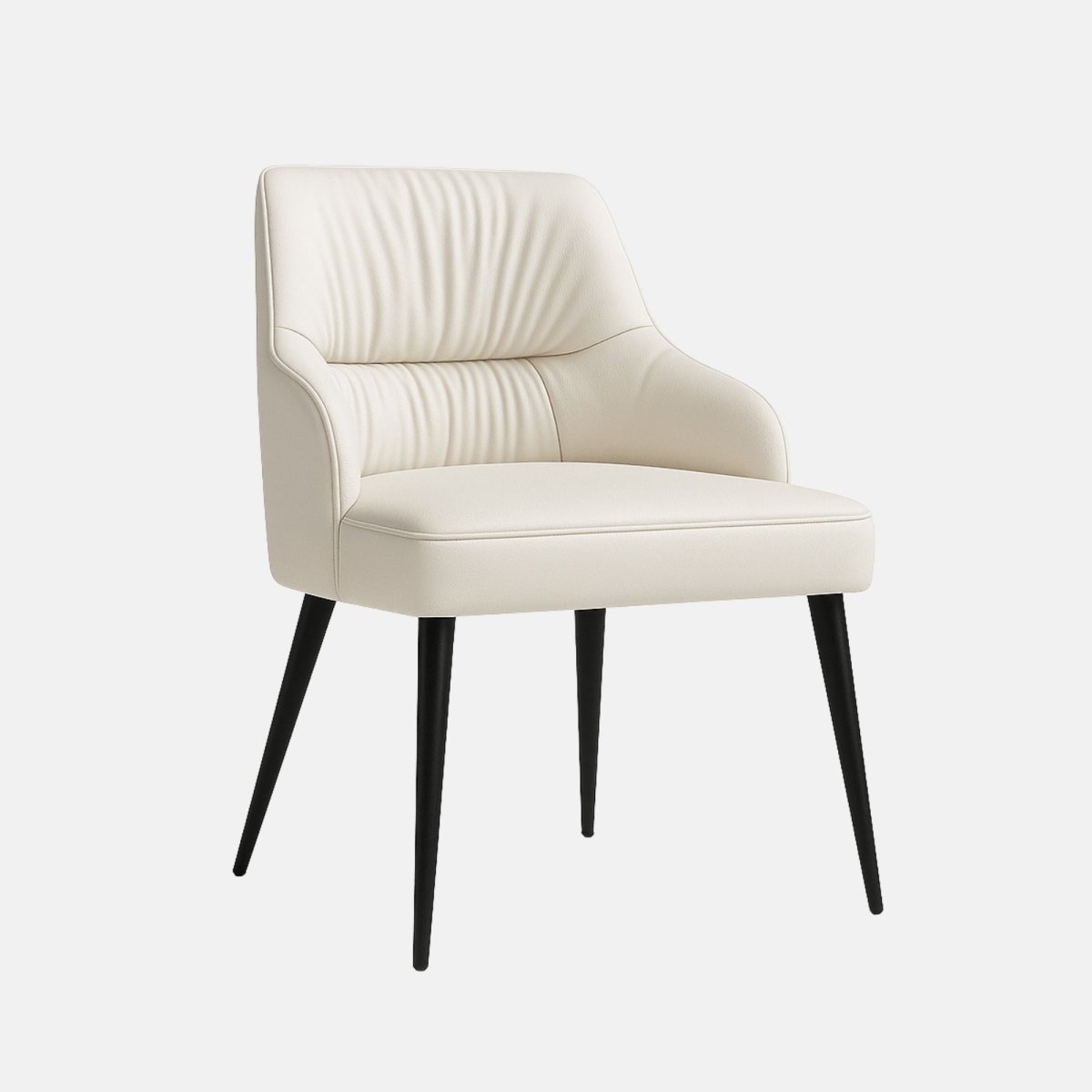 Modern dining chair with pearl white upholstered backrest and seat, subtle ruched detailing, integrated armrests, and slim tapered black legs