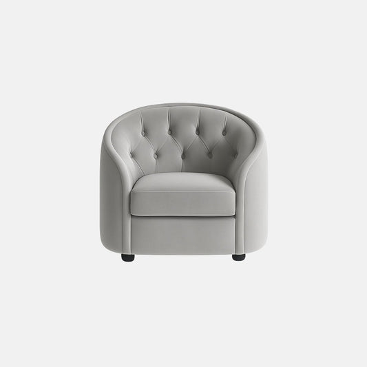 Light grey upholstered armchair with a rounded backrest, deep button-tufted design, and a cushioned seat on short black legs.