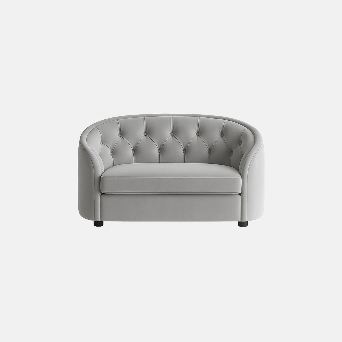 Light grey upholstered sofa with a rounded backrest, deep button-tufted design, and a cushioned seat on short black legs.