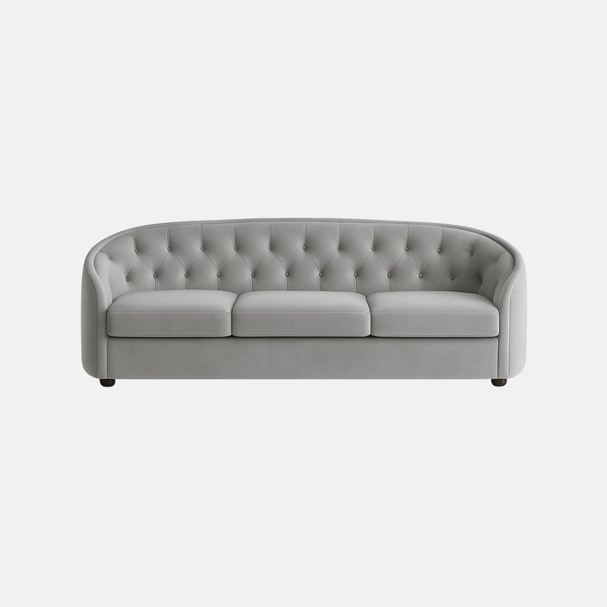 Light grey upholstered sofa with a rounded backrest, deep button-tufted design, and a cushioned seat on short black legs.
