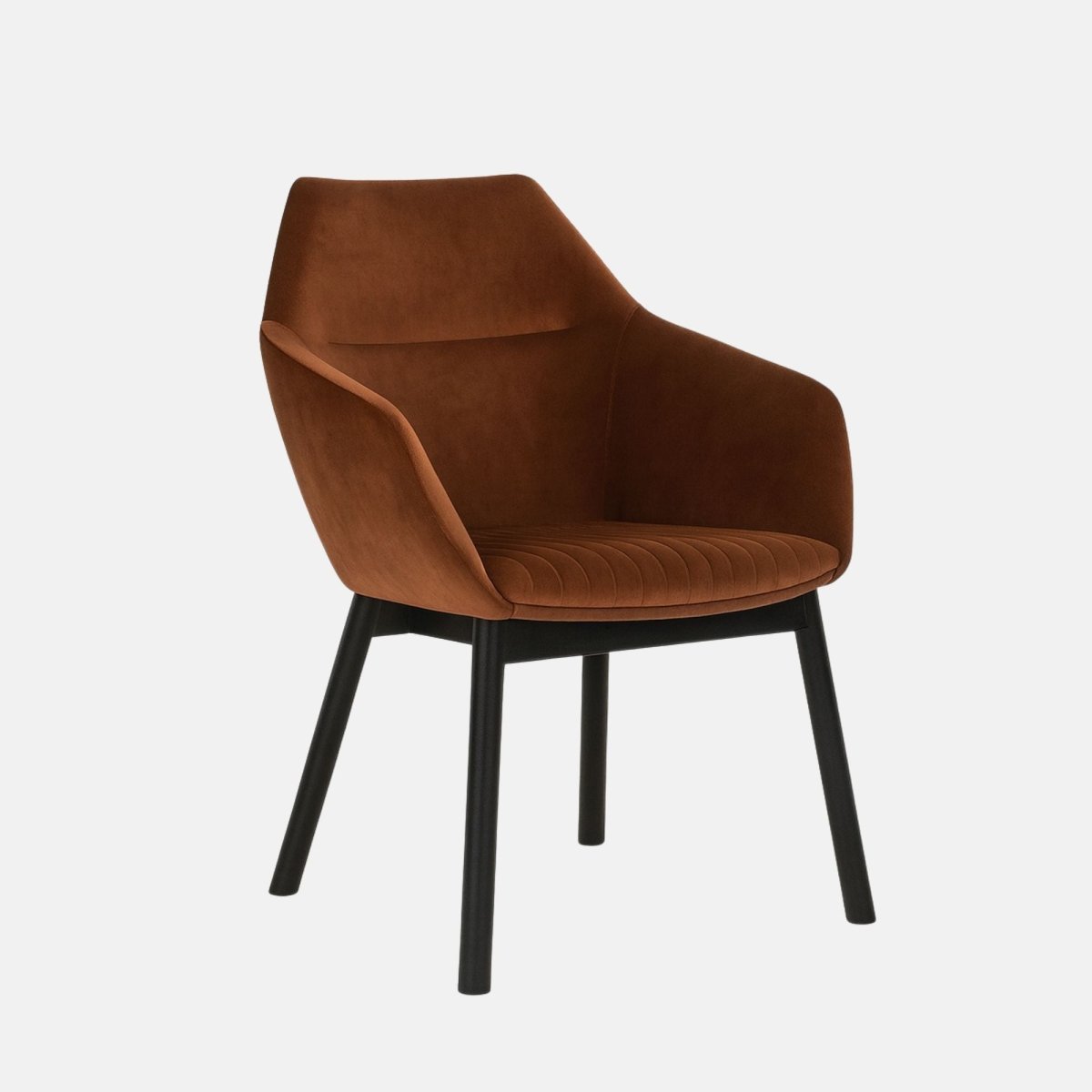 Modern dining chair with rust-brown velvet upholstery, curved backrest, and black wooden legs on a white background
