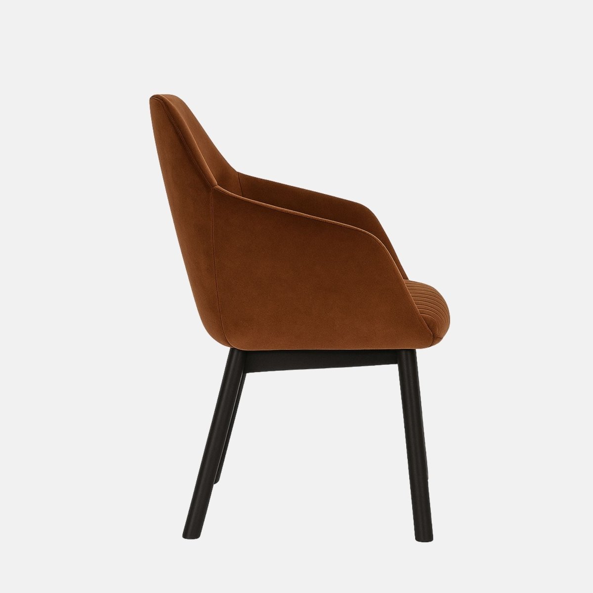 Modern dining chair with rust-brown velvet upholstery, curved backrest, and black wooden legs on a white background