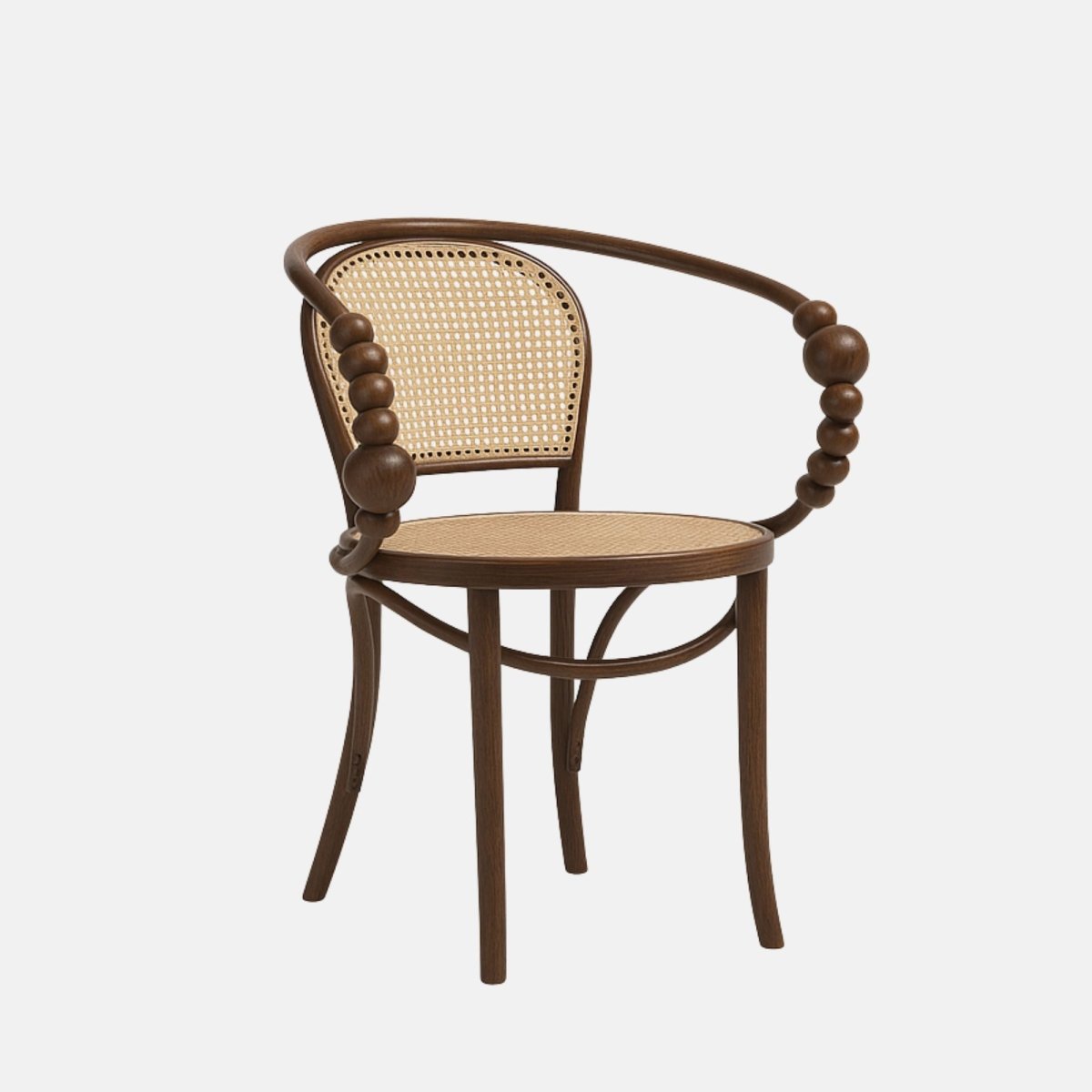 Perline Armchair – artistic bentwood chair with beech frame, woven cane seat and back, and decorative wooden beads, ideal for creative interiors