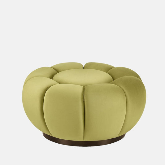 Light green velvet flower-shaped ottoman with petal-style upholstery and dark wood base modern statement footstool or coffee table for living room or hotel lounge.