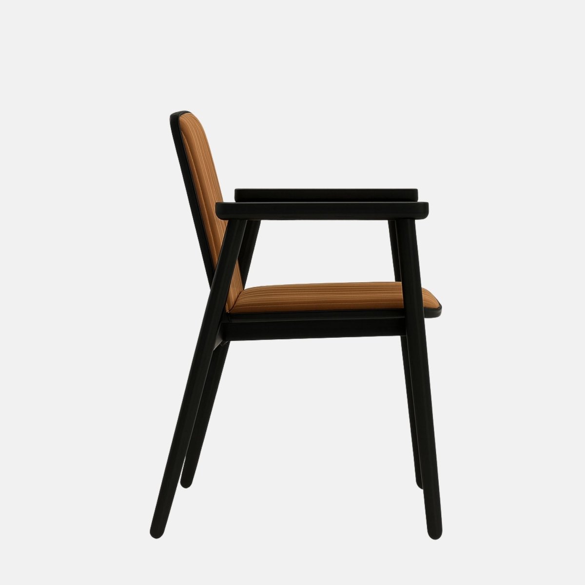 Modern dining chair with black wooden frame and armrests, featuring a ribbed, brown velvet upholstered seat and backrest, set against a light grey background