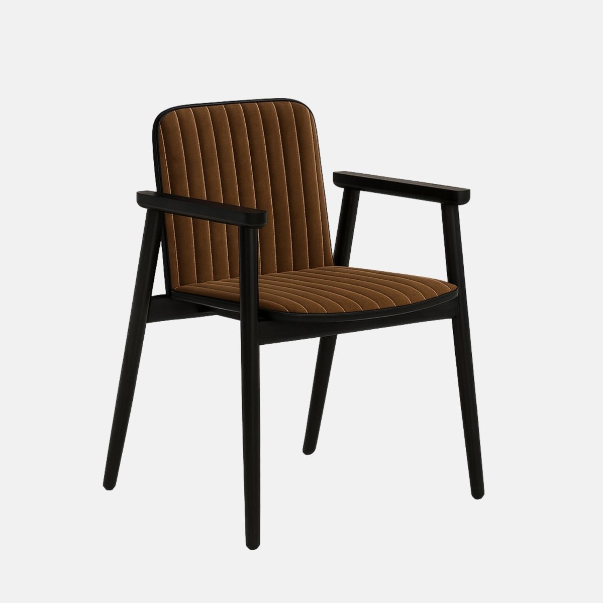 Modern dining chair with black wooden frame and armrests, featuring a ribbed, brown velvet upholstered seat and backrest, set against a light grey background
