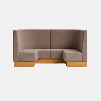Upholstered corner banquette seating in brown fabric with a clean, plain backrest and wooden base, designed for booth-style layouts on a neutral background.