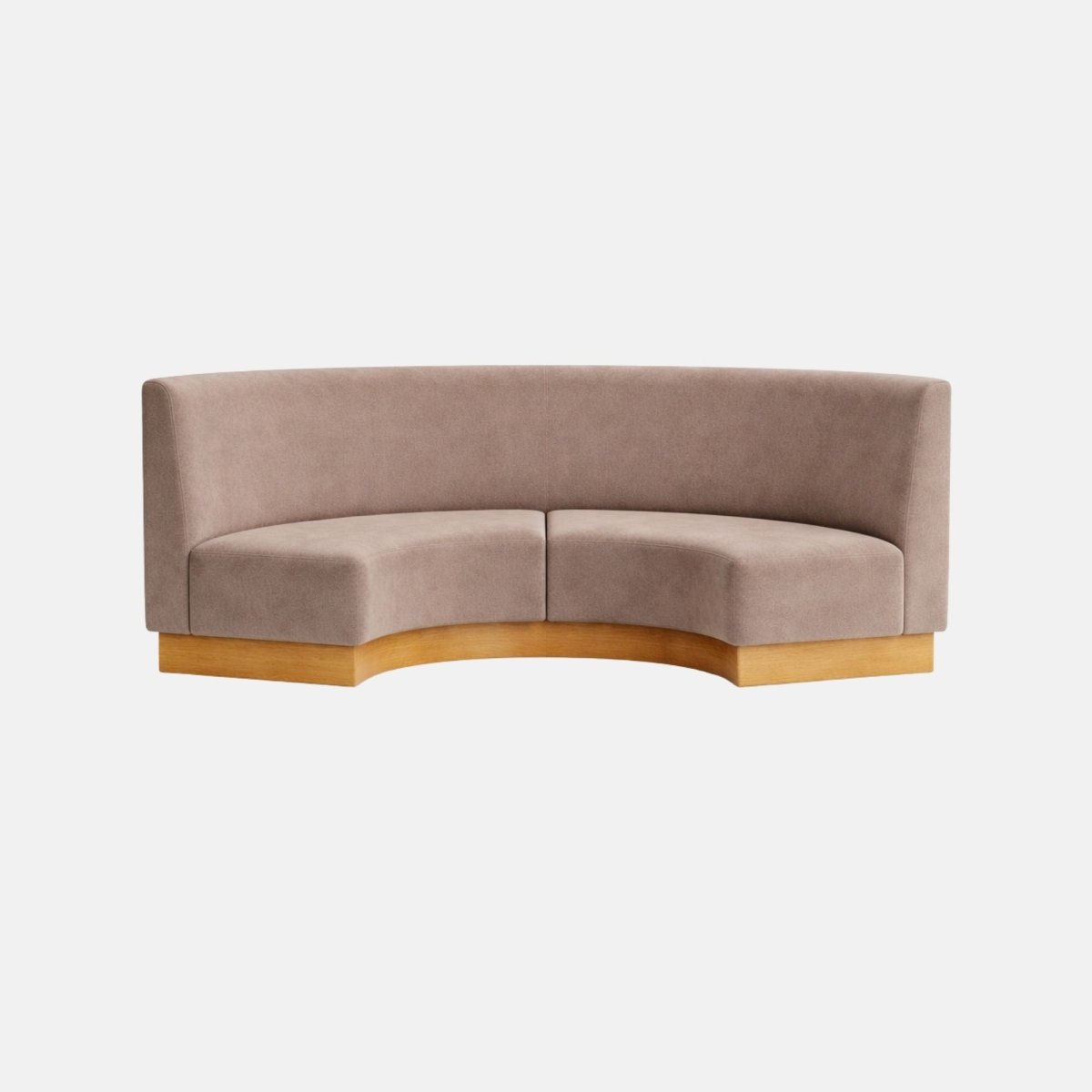 Curved banquette seating upholstered in taupe fabric with a smooth backrest and wooden plinth base, ideal for restaurant or booth-style interiors.