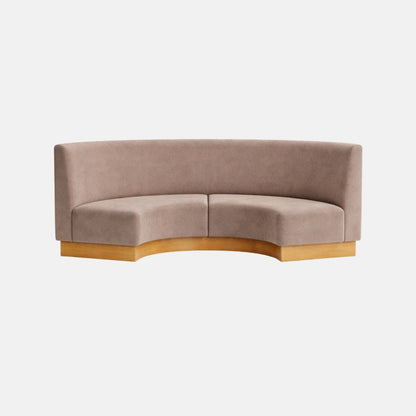 Curved banquette seating upholstered in taupe fabric with a smooth backrest and wooden plinth base, ideal for restaurant or booth-style interiors.