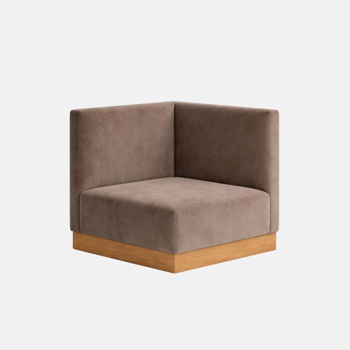 Corner banquette seating in brown upholstered fabric with a minimalist plain backrest and wooden base, designed for booth-style seating on a neutral background.