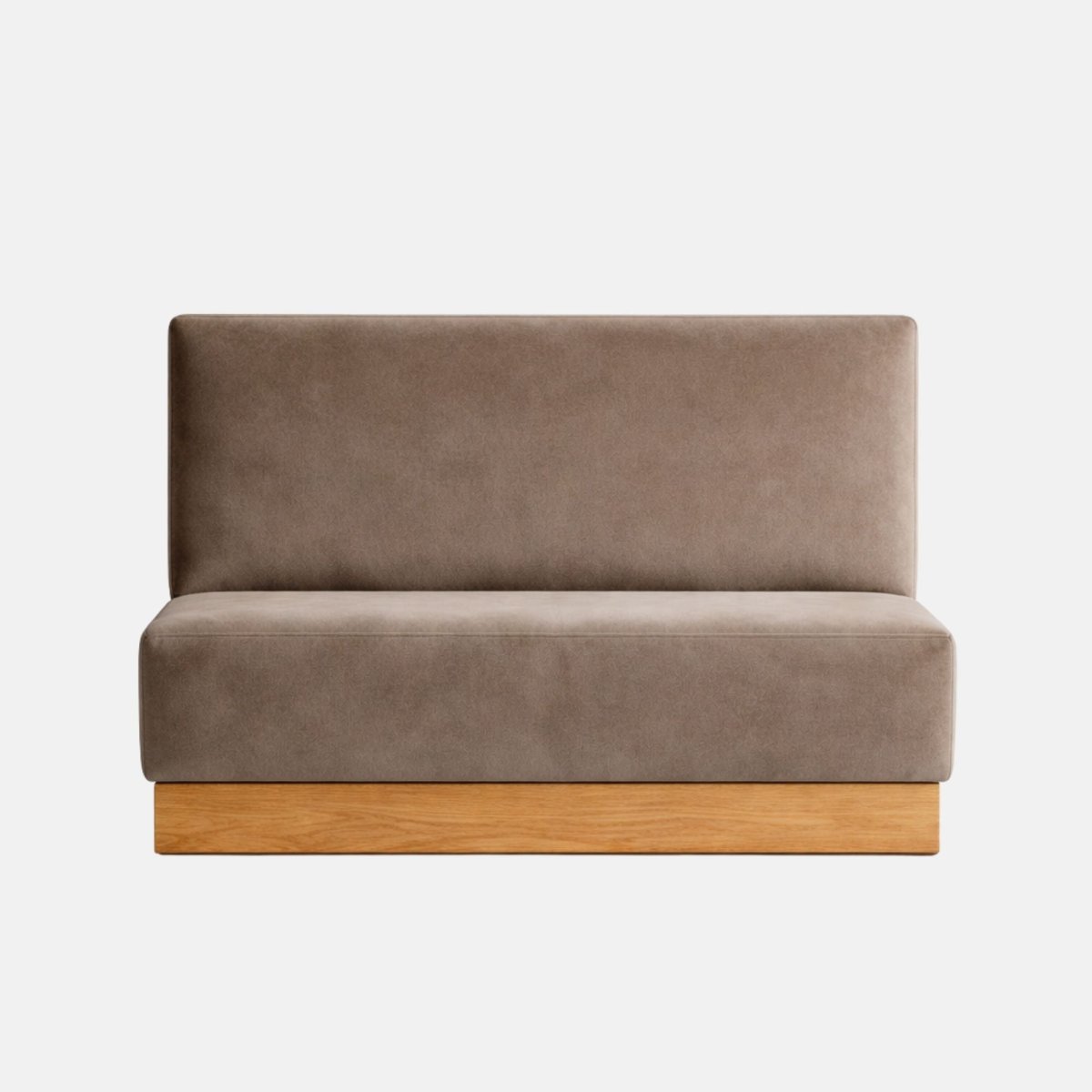 Straight banquette bench upholstered in taupe fabric with a plain backrest and seat, mounted on a wooden plinth base for restaurant or booth seating.