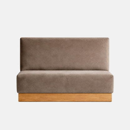 Straight banquette bench upholstered in taupe fabric with a plain backrest and seat, mounted on a wooden plinth base for restaurant or booth seating.