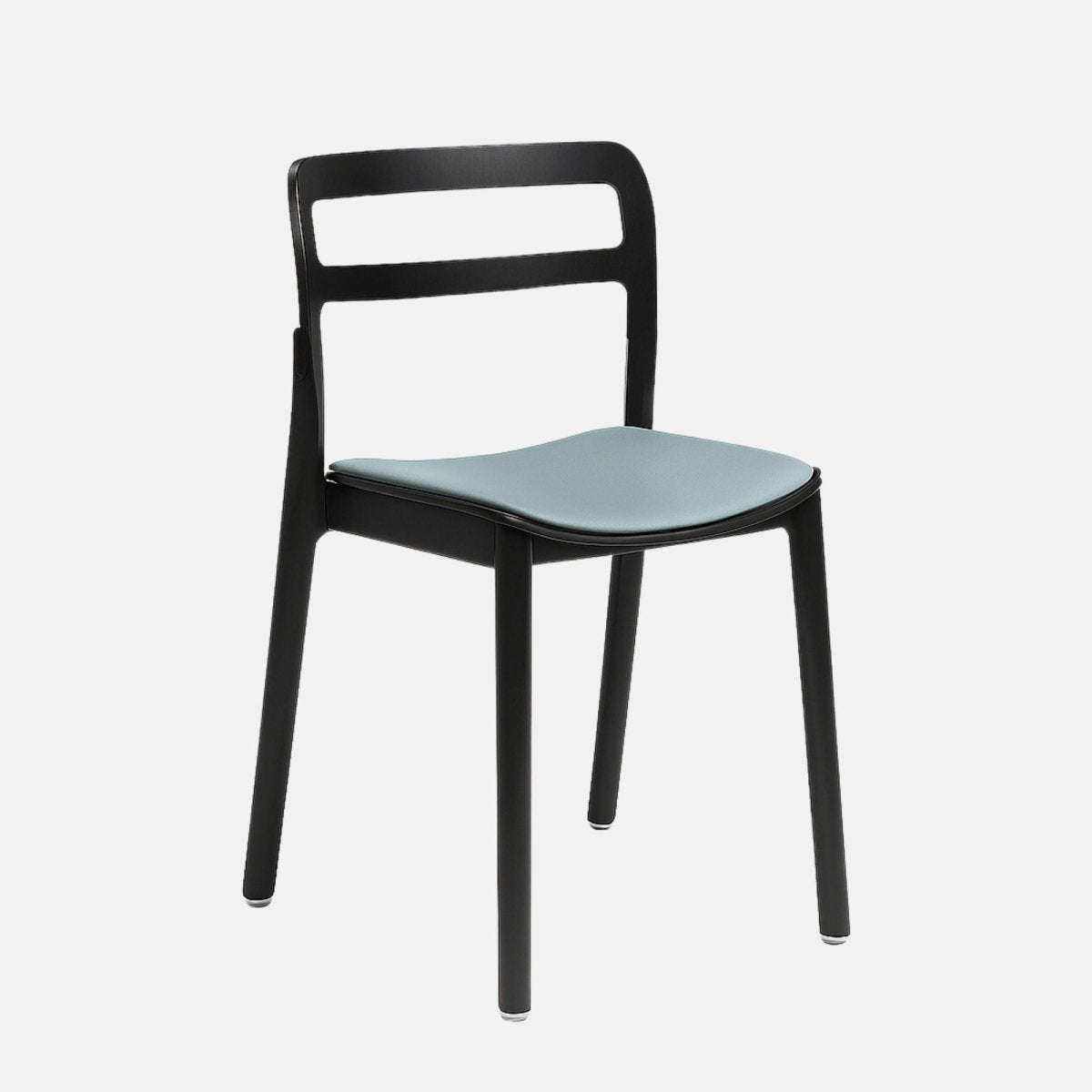 Contemporary dining chair with a black wooden frame and minimalist ladder-style backrest, featuring a light blue contoured seat, set against a light grey background