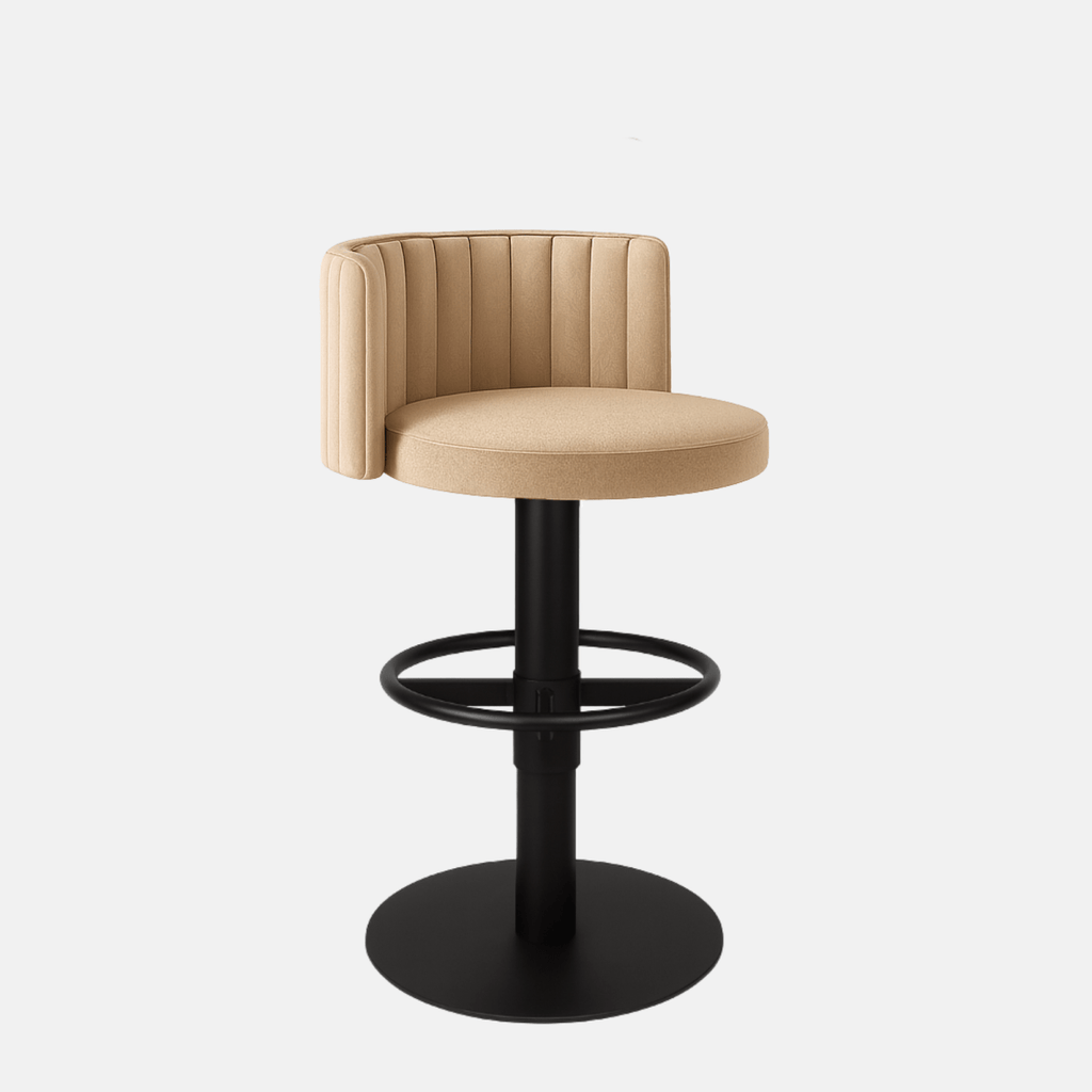 Beige velvet 360° swivel bar stool with fluted curved backrest and black powder-coated metal base