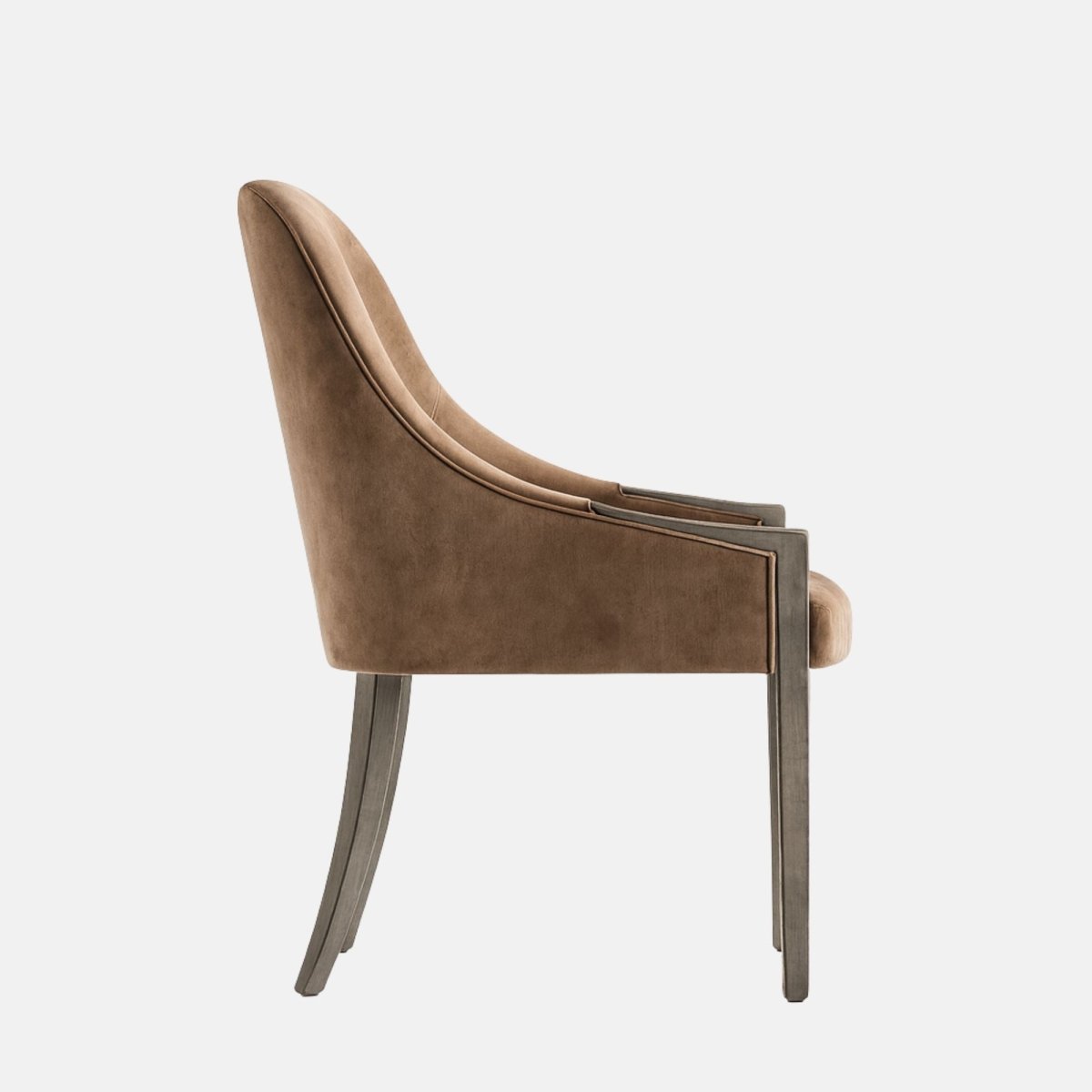 Upholstered dining chair in warm taupe-brown fabric with a rounded backrest, subtle arm supports, cushioned seat, and dark wooden legs, shown on a white background