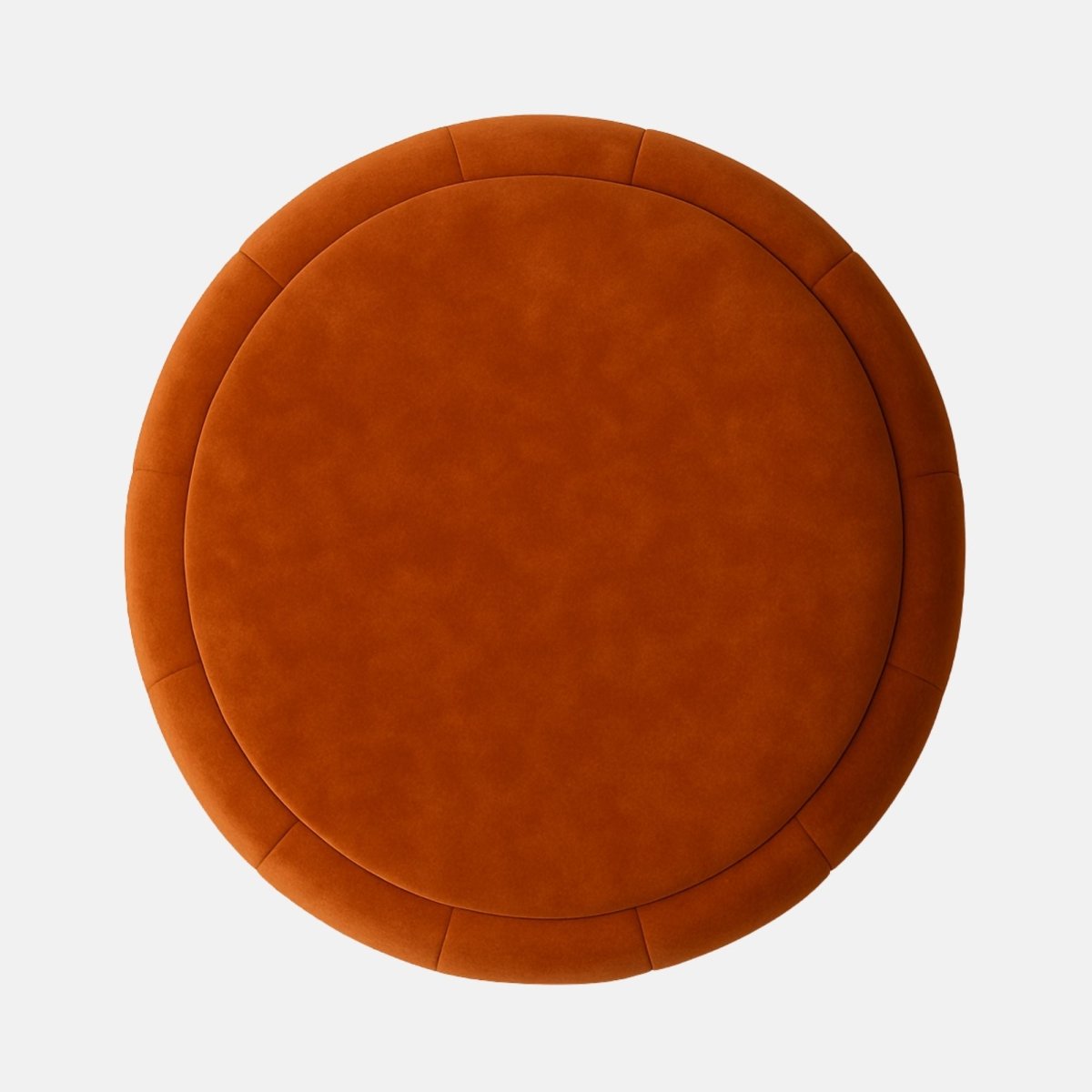 Rust velvet round ottoman with vertical panel upholstery and dark wood base  modern upholstered stool or footrest for living room, bedroom, or hotel lounge.