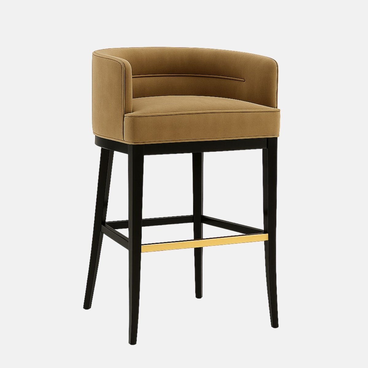 Upholstered bar stool with a curved camel-colored seat, black tapered legs, and a gold metal footrest