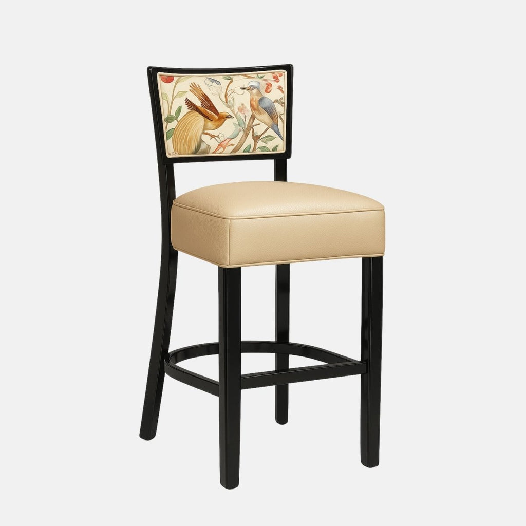 Elegant bar stool with a black wooden frame and beige leather seat cushion, featuring a decorative backrest with a colorful bird and floral motif, set against a light grey background
