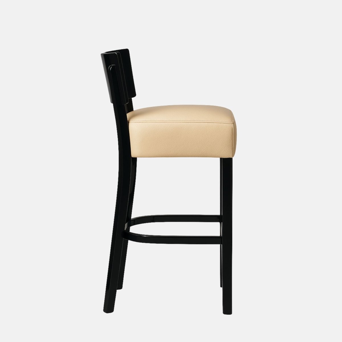 Elegant bar stool with a black wooden frame and beige leather seat cushion, featuring a decorative backrest with a colorful bird and floral motif, set against a light grey background