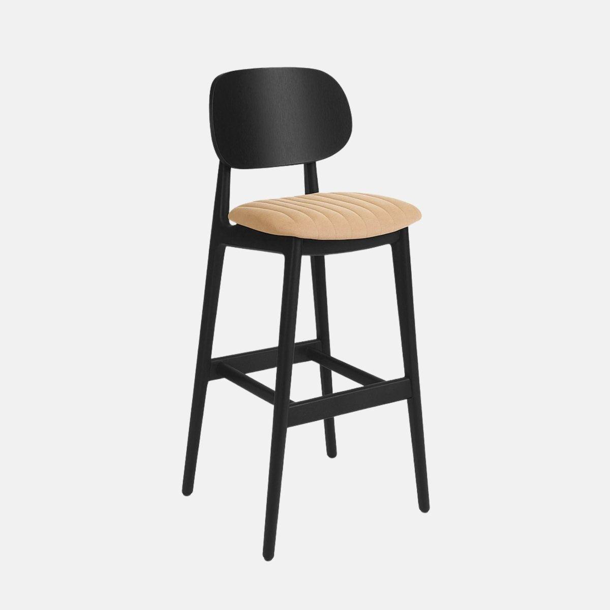 A modern black wooden bar stool with a curved backrest and a cushioned beige upholstered seat featuring subtle fluted stitching, supported by four tapered legs with horizontal footrests