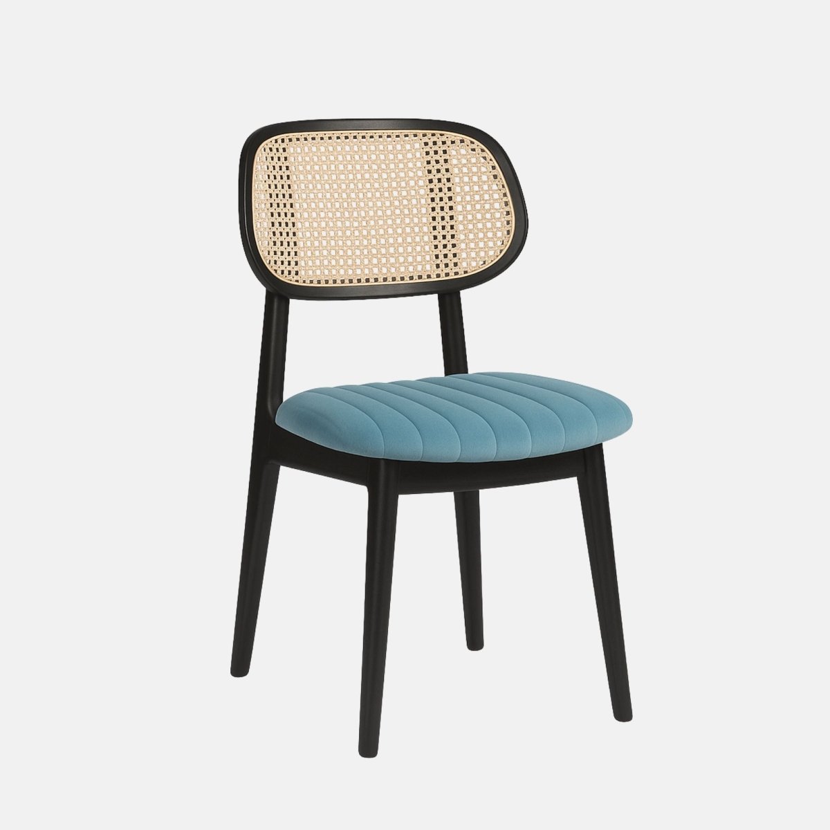Modern dining chair with black beechwood frame, cream cane netted backrest, and upholstered blue cushioned seat.