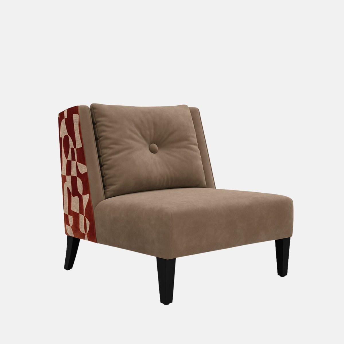 Low-profile armless lounge chair with taupe upholstery, a button-tufted back cushion, black legs, and a patterned red and beige fabric on the outer back