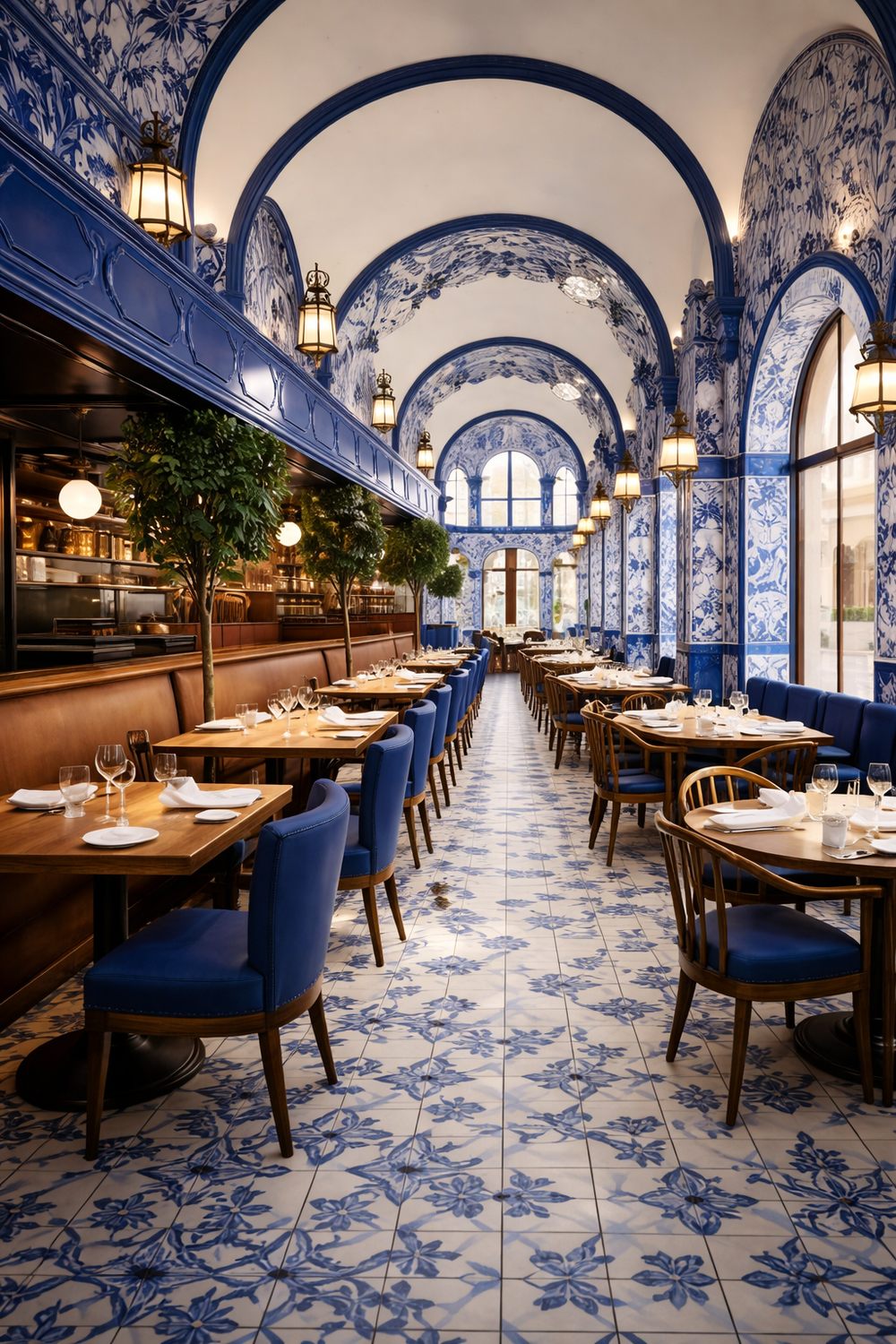 Elegant restaurant interior with upholstered blue dining chairs, wooden tables, and decorative tiled walls.