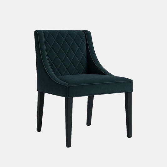 Elegant upholstered dining chair with deep green quilted backrest, curved arm detail, and black wooden legs