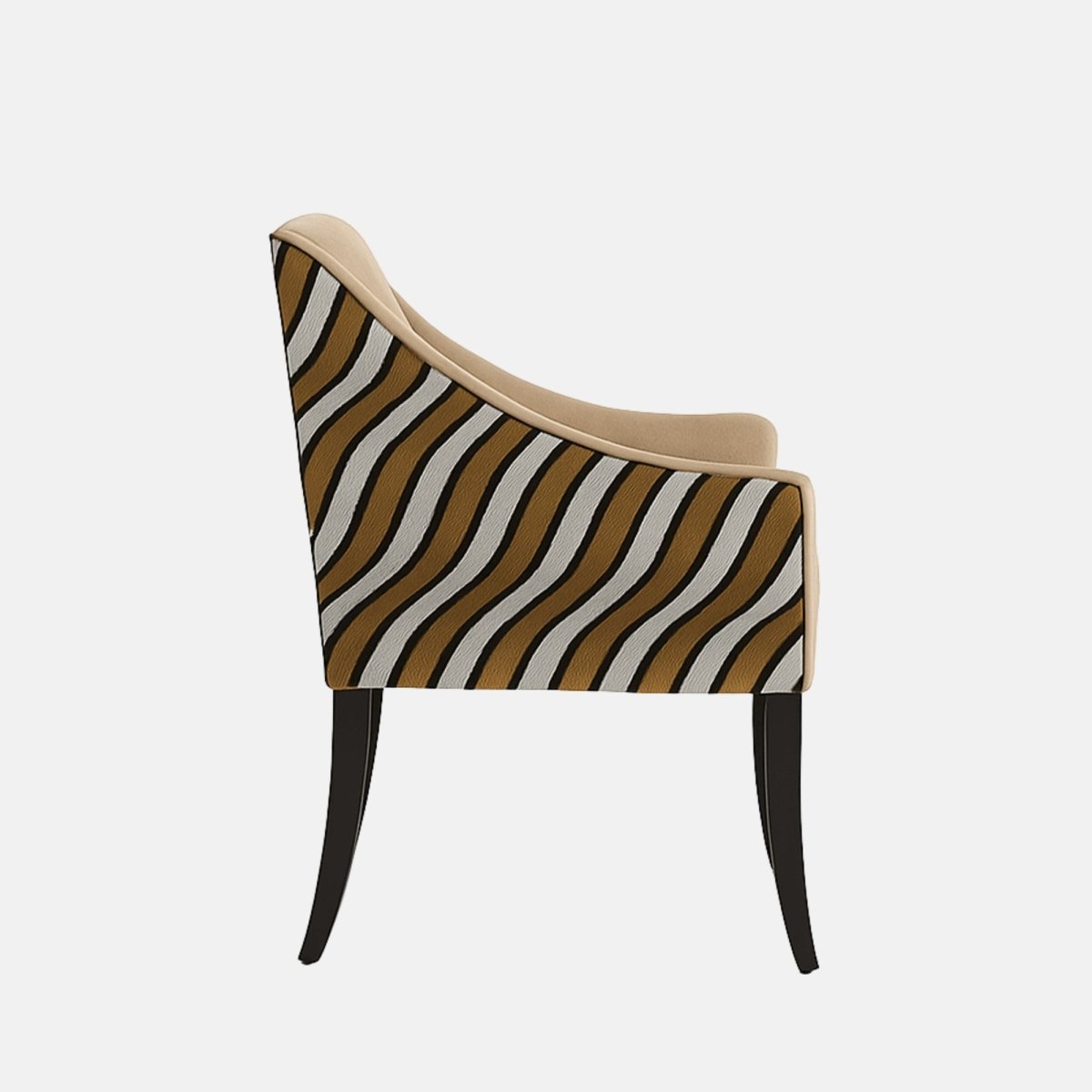 Modern accent chair with beige upholstered seat and backrest, slim black wooden legs, and wavy striped patterned fabric on the outer sides.