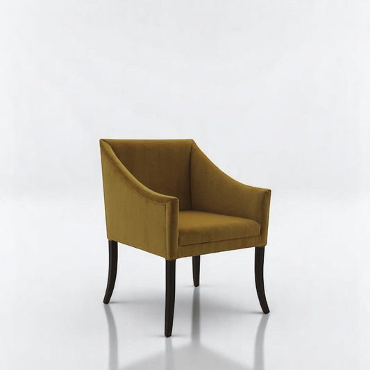 alt="Contemporary square armchair in mustard fabric with slim black legs and minimalist design"