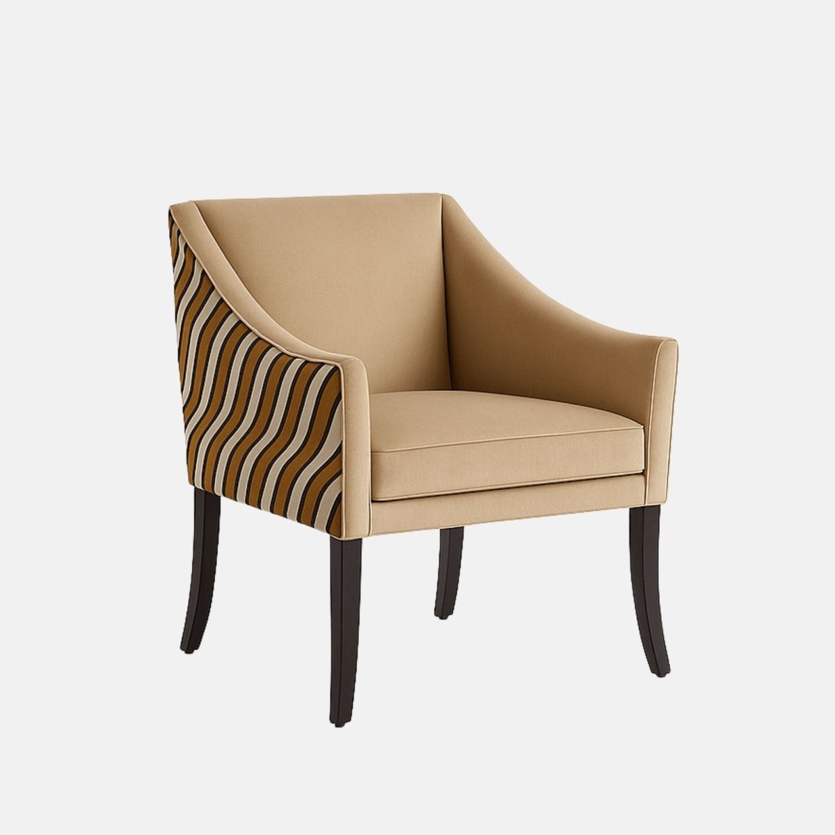 Modern accent chair with beige upholstered seat and backrest, slim black wooden legs, and wavy striped patterned fabric on the outer sides.