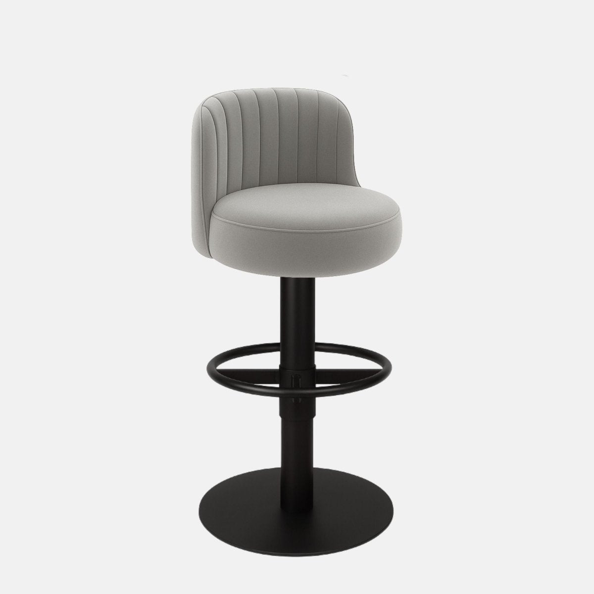 Light grey upholstered 360° swivel bar stool with curved low backrest, vertical stitching, and black powder-coated metal base — bespoke handmade counter stool for luxury interiors.