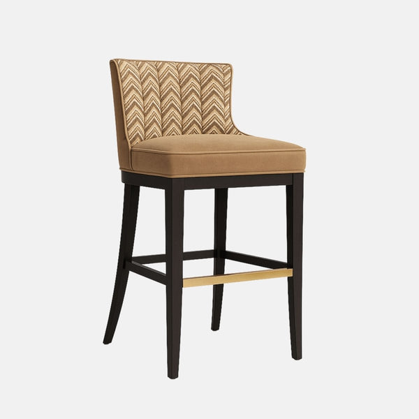 Rústico Bar and Kitchen Counter Stool with fluted backrest in beige patterned fabric, upholstered seat in beige velvet, black wood frame and gold footrest – handmade luxury seating
