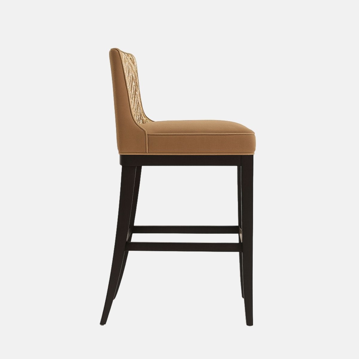 Rústico Bar and Kitchen Counter Stool with fluted backrest in beige patterned fabric, upholstered seat in beige velvet, black wood frame and gold footrest – handmade luxury seating