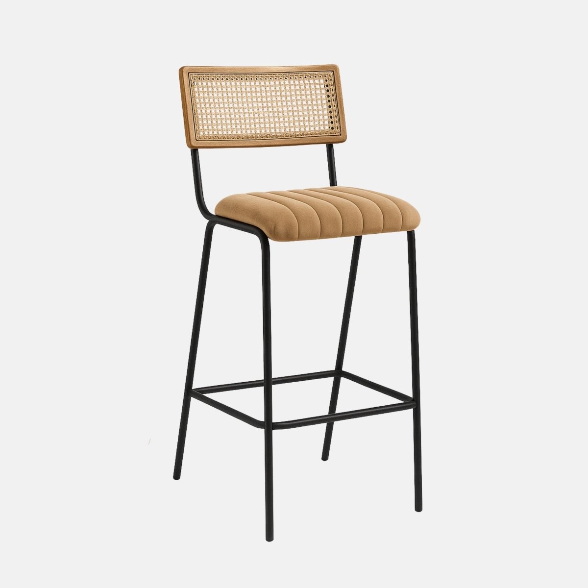 Contemporary bar stool with a woven cane backrest, tan upholstered seat with vertical stitching, and slim black metal frame with footrest.