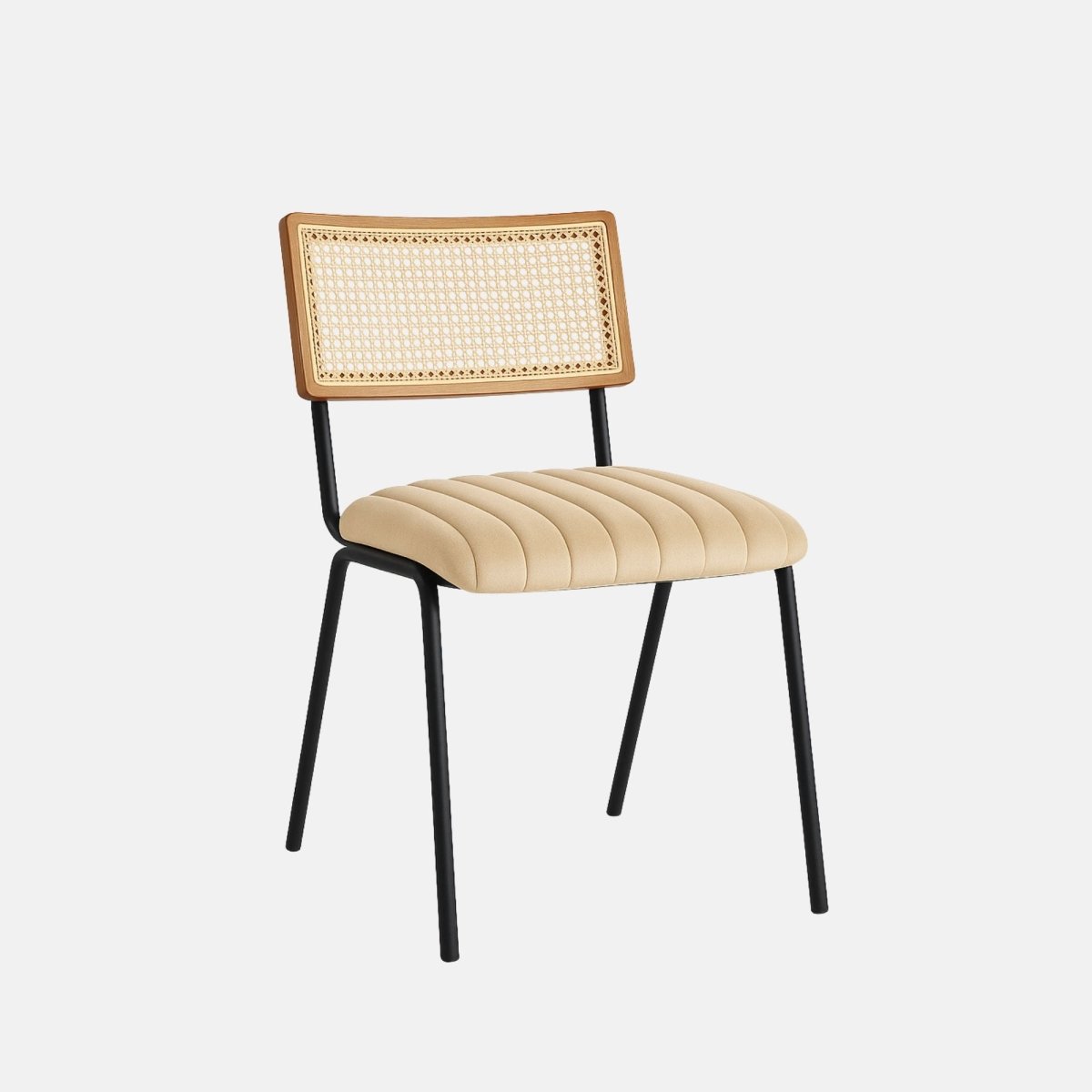 Contemporary accent chair with curved backrest, upholstered in caramel brown velvet with vertical channel tufting, and supported by slim black wooden legs.