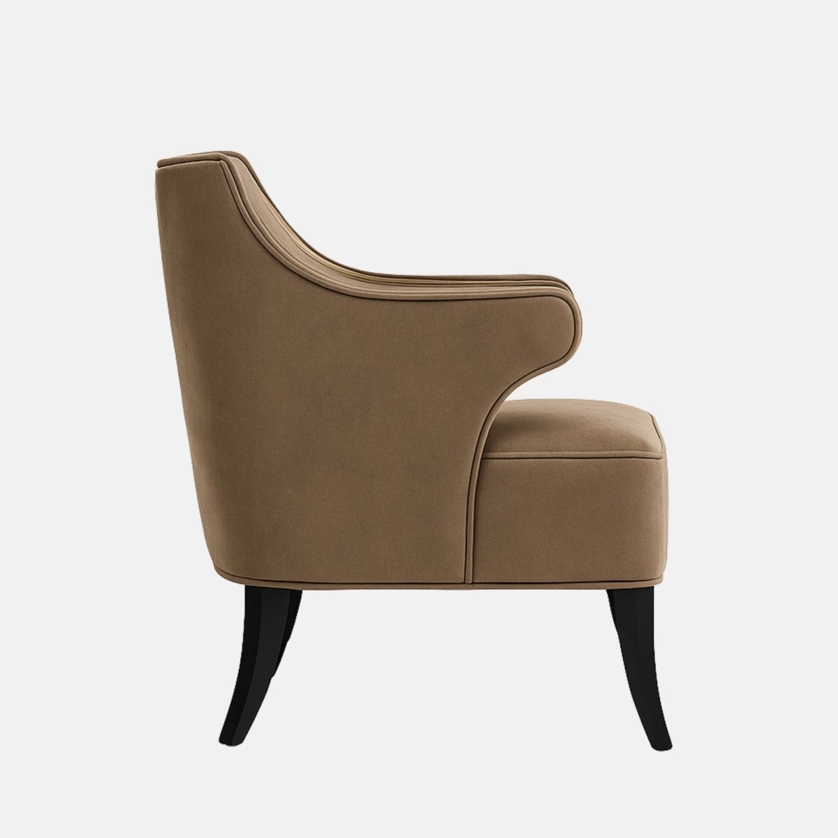 Taupe upholstered lounge chair with softly curved arms, a smooth contoured backrest, and black tapered legs.