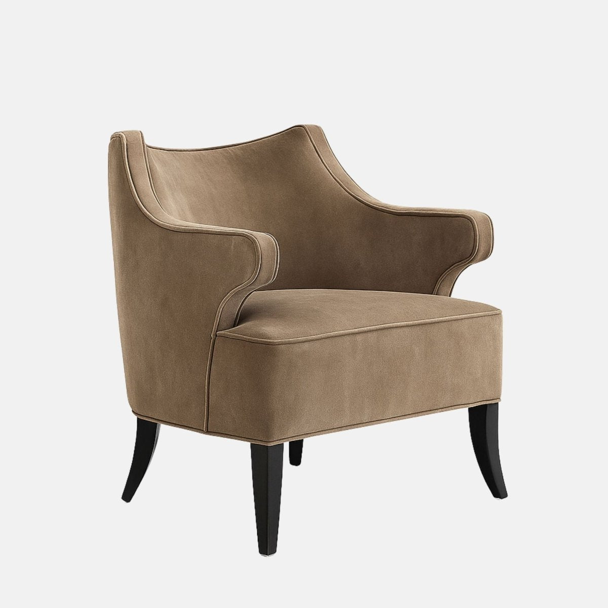 Taupe upholstered lounge chair with softly curved arms, a smooth contoured backrest, and black tapered legs