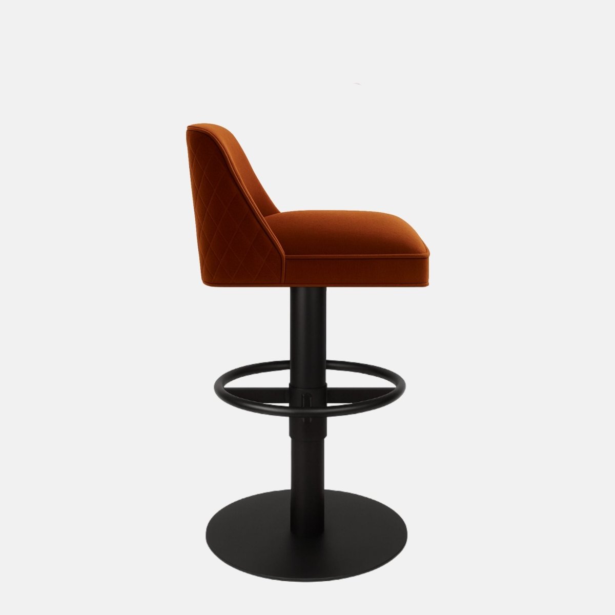 Rust-colored upholstered bar stool with a low curved backrest, black circular footrest, and round black metal base on a white background.