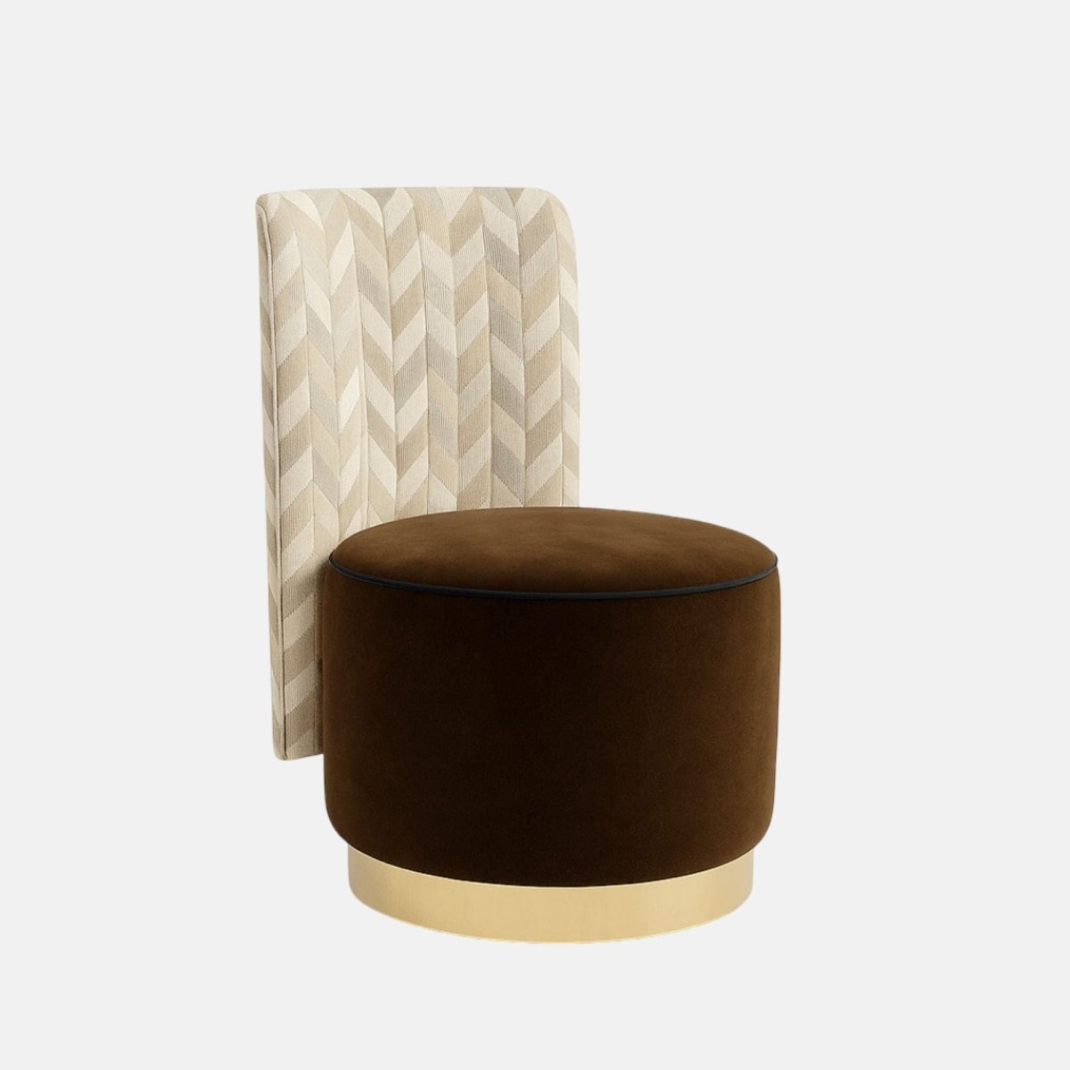 Contemporary accent chair with a tall beige chevron-patterned backrest, round dark brown upholstered seat, and a gold metallic base.