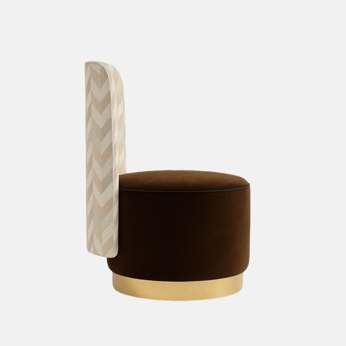 Contemporary accent chair with a tall beige chevron-patterned backrest, round dark brown upholstered seat, and a gold metallic base.