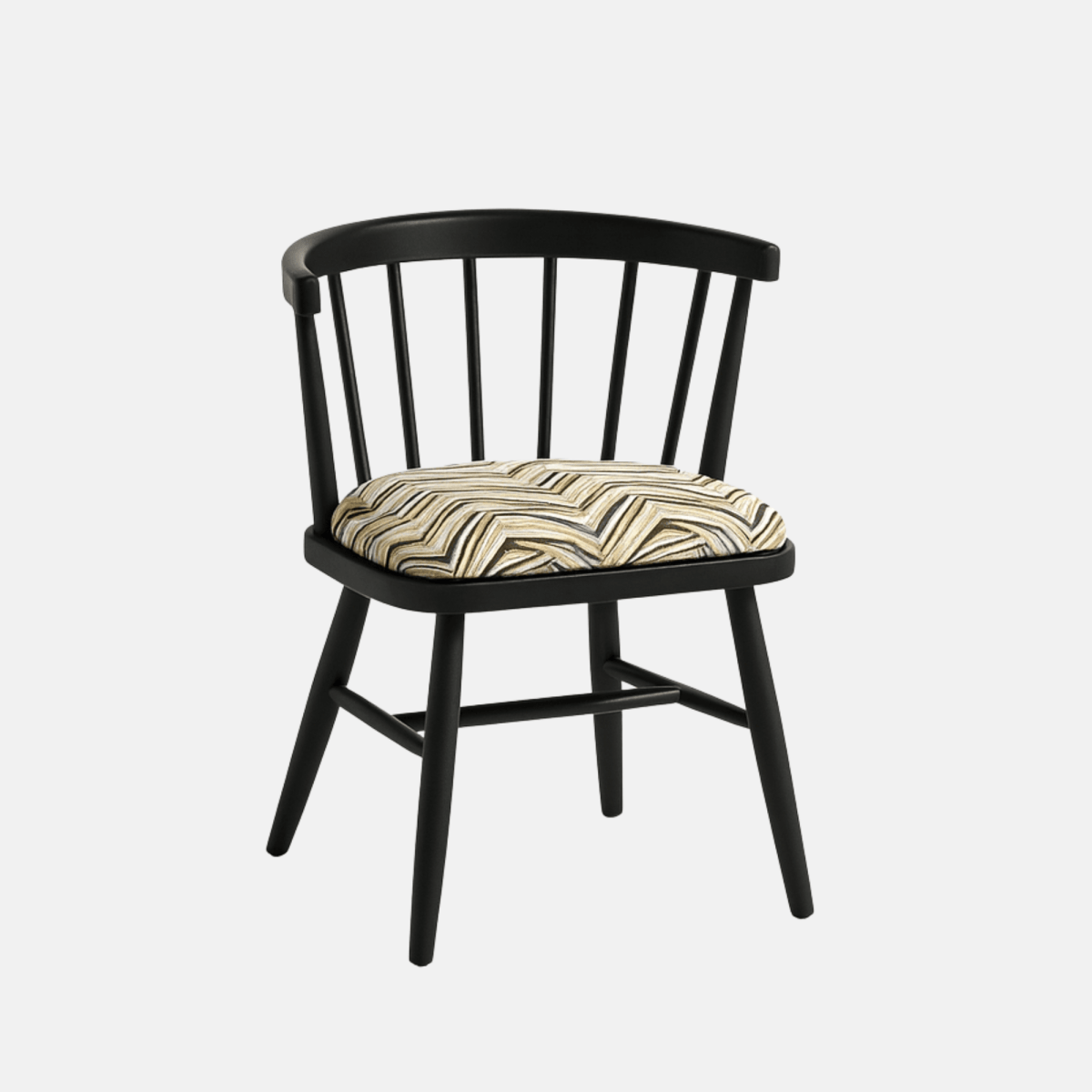 A modern black Windsor-style chair with a curved spindle backrest and four angled legs, featuring a cushioned seat upholstered in a geometric zigzag fabric with neutral tones. The chair is photographed against a light beige background with soft shadows for a clean, realistic presentation.
