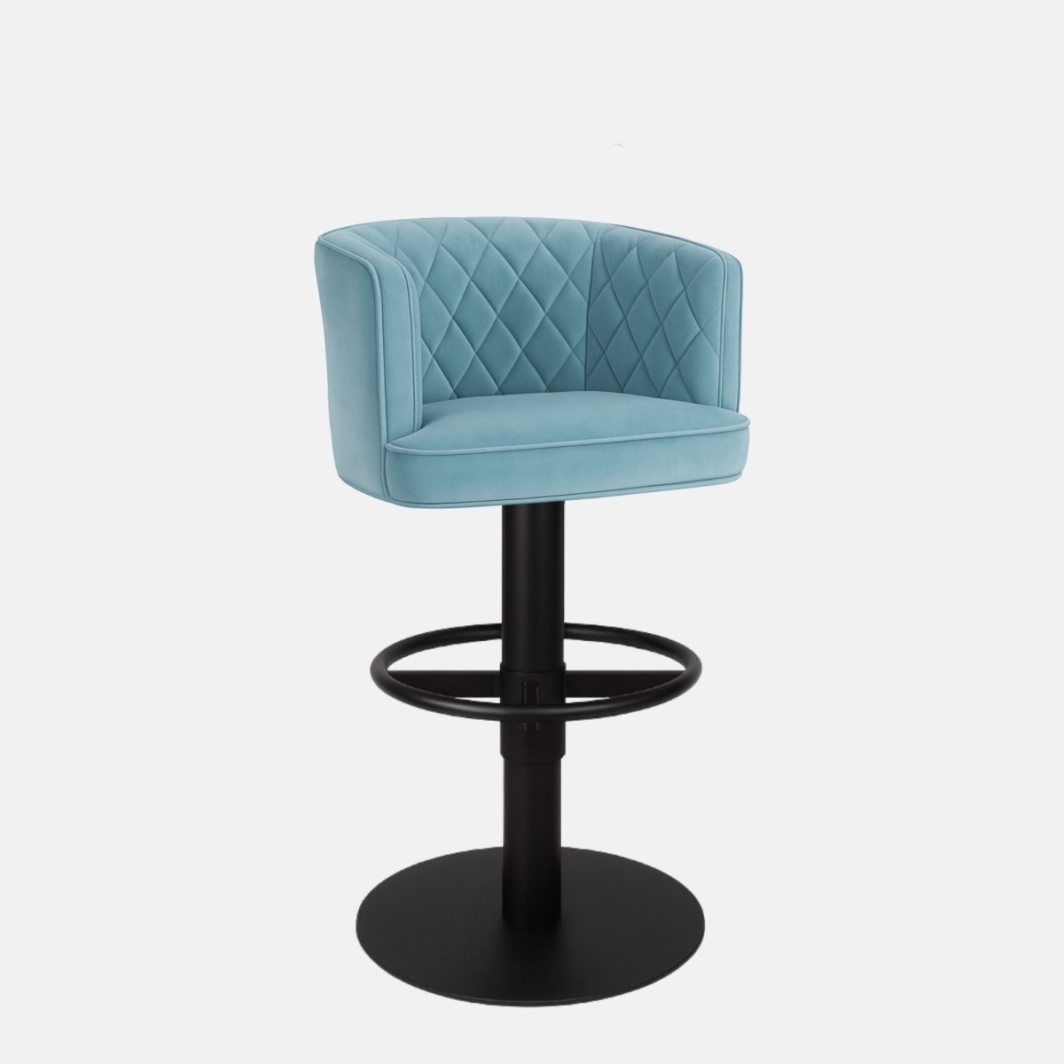Light blue upholstered bar stool with a quilted backrest, circular black metal footrest, and round black base on a white background.