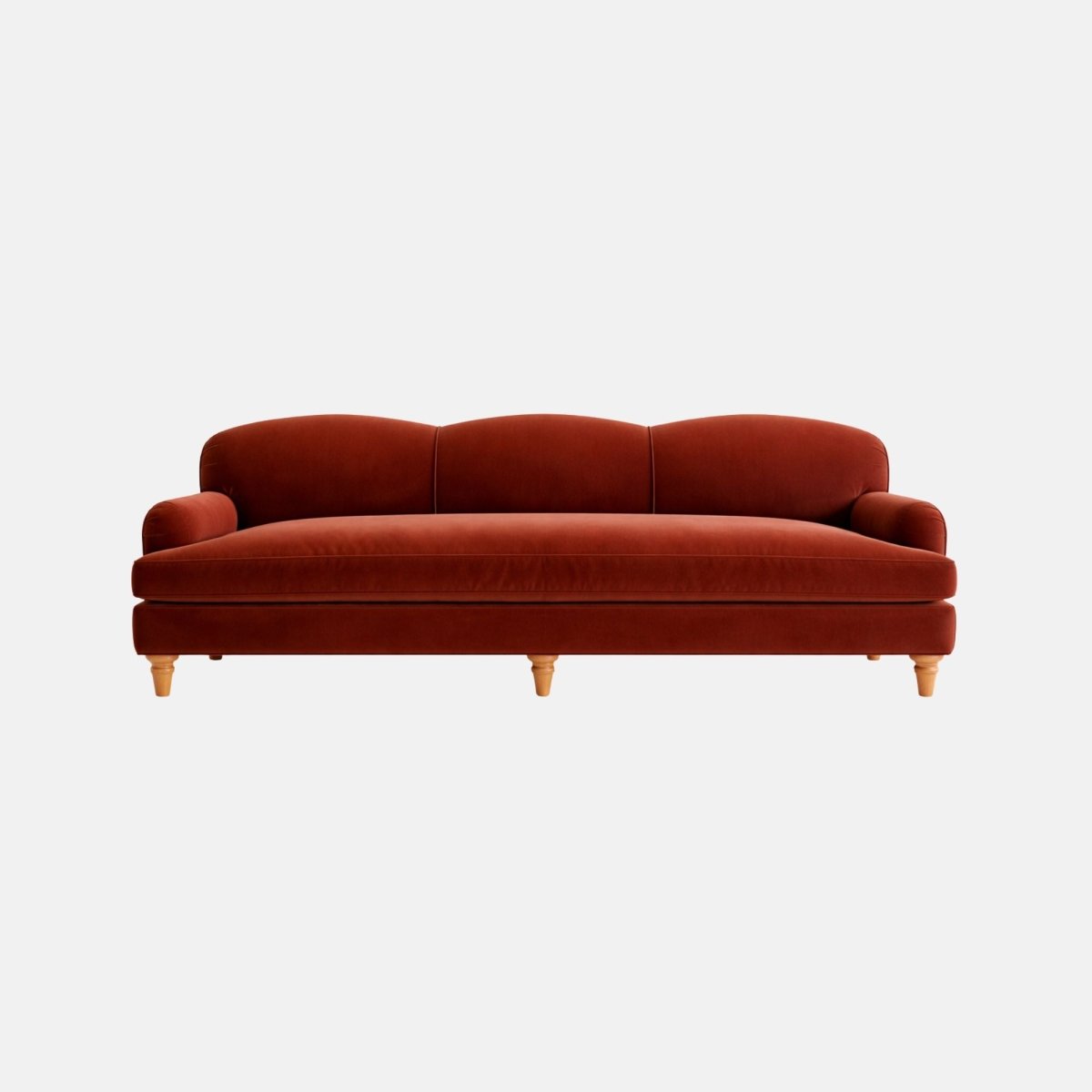 Modern three-seater sofa in rich rust-red upholstery with a gently curved backrest, slim arms, and light wooden turned legs, ideal for stylish living or hospitality spaces
